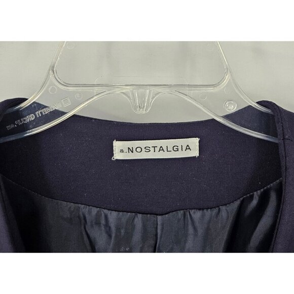 Nostalgia Sz M Navy Blue Collarless Lined Midi Dress Jacket 1 Snap Open Front - Picture 3 of 6